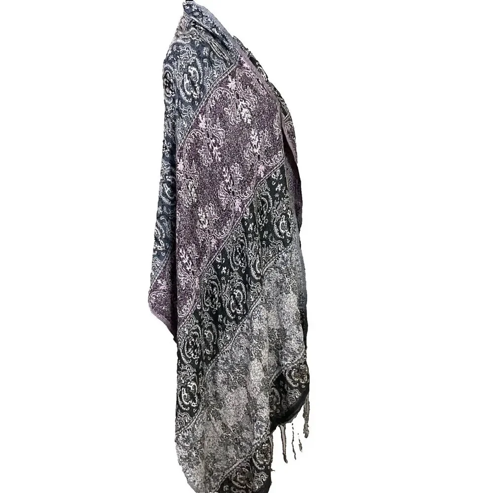 Chico's Wrap Shawl Stole Cardigan beaded black purple Fringed Hem approx26”x81”
